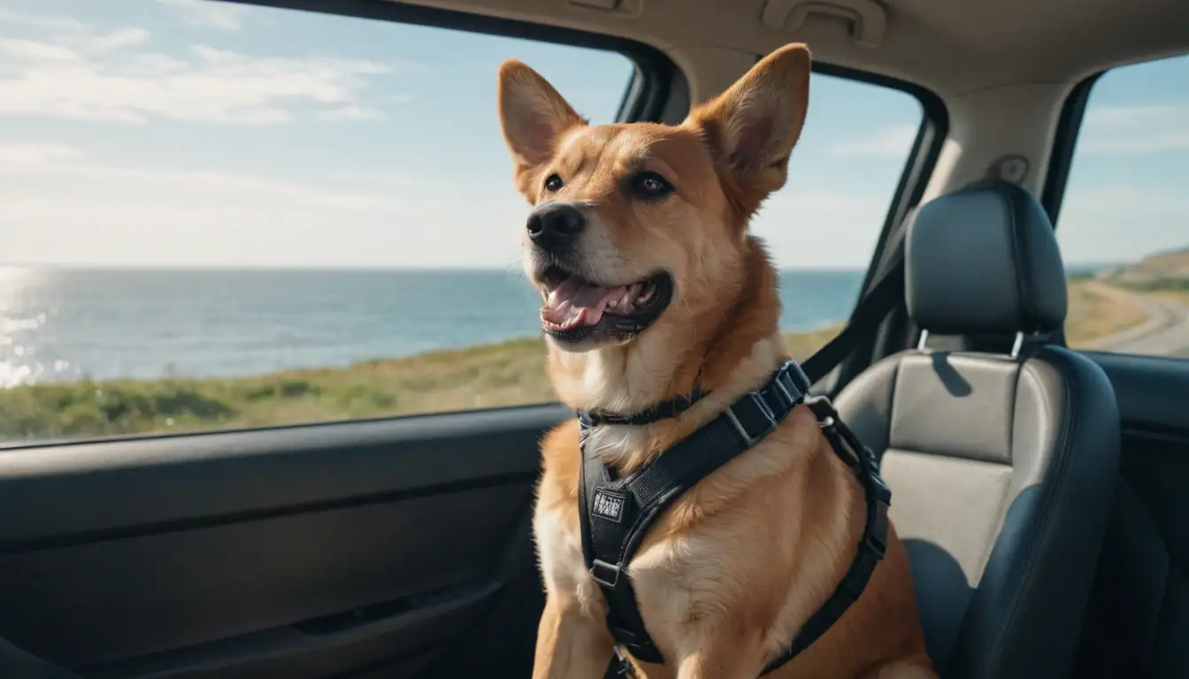 A happy dog sitting in a car seat, wearing a harness, looking out the window with its ears flapping, a calm sea landscape or coastal road in the background, sunlight reflecting off the water or windows