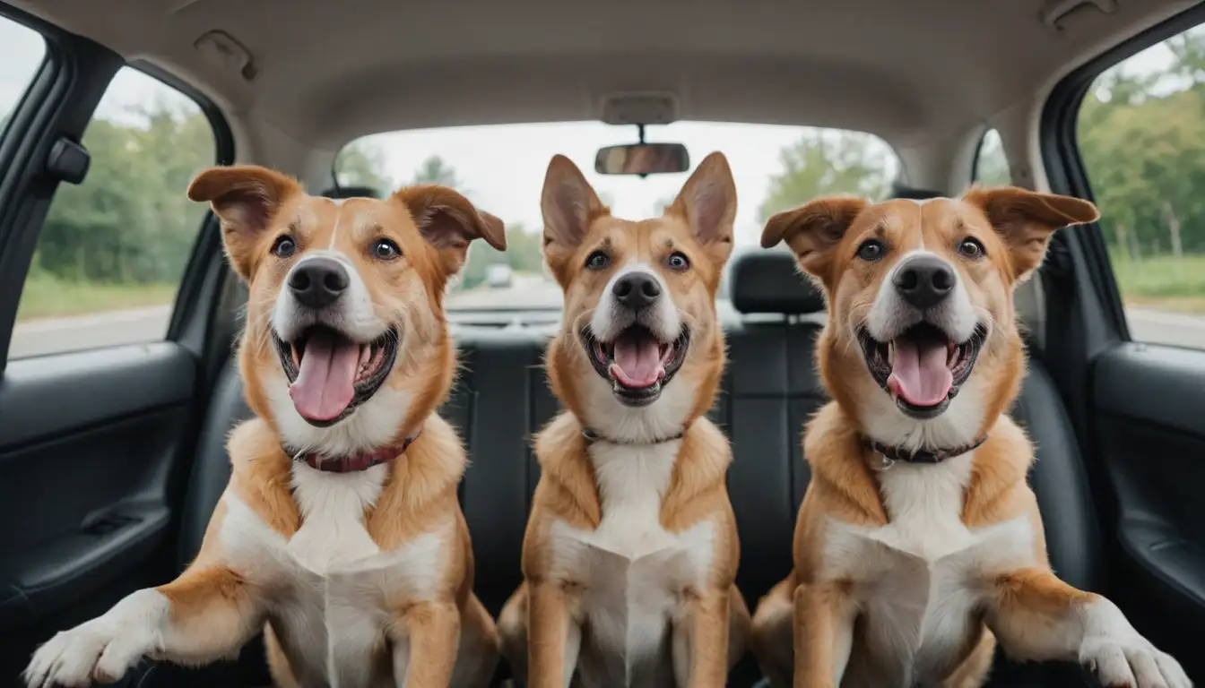 2 dogs in backseat, car interior, motion blur, excited expressions, paws up, heads turned back, sniffing, tongue out, ears flapping, joyous atmosphere, chaos, fun