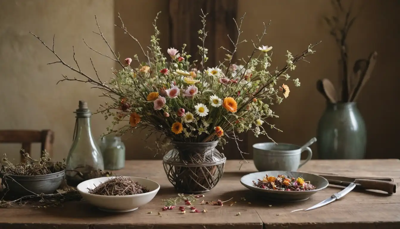 Bunches, flowers, branches, dried petals, twigs, stems, wire frames, floral tape, scissors, vase, decorative bowl, natural elements, rustic setting, garden atmosphere, earthy tones