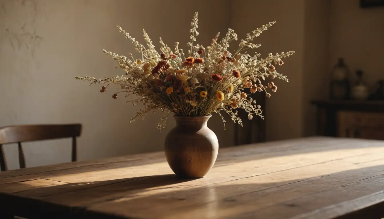 Rustic wooden table, vintage vase filled with dried flowers, soft focus, warm lighting, natural textures, earthy tones, subtle shadows, gentle curves, delicate petals, and a sense of serenity