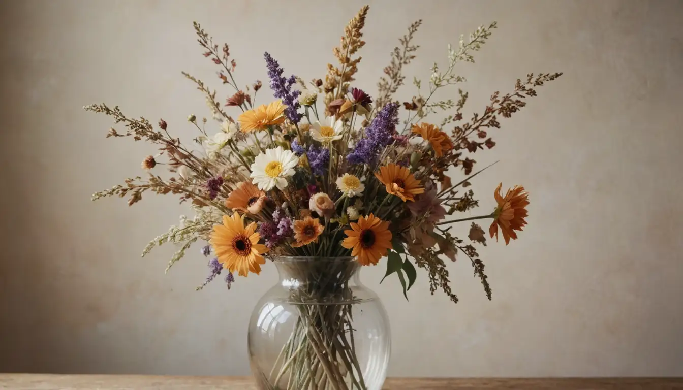 A vase filled with dried flowers, varying textures and colors, delicate petals, soft hues, natural beauty, organic shape, earthy tones, whimsical arrangement