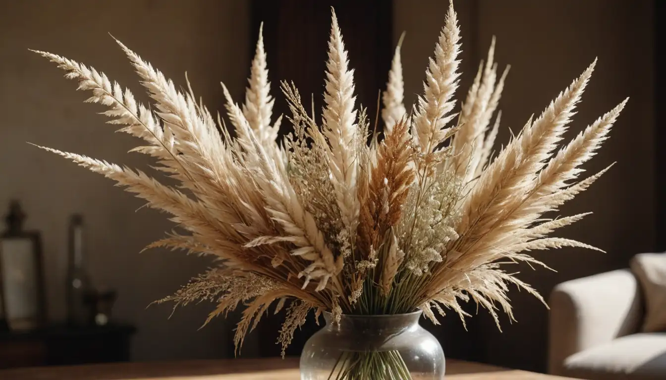 Warmly lit, vintage-inspired, dried flowers in various shapes and textures, possibly including pampas grass, wheat, and babys breath, arranged in a unique centerpiece or decorative vase, with soft focus and subtle shadows, conveying a sense of rustic elegance