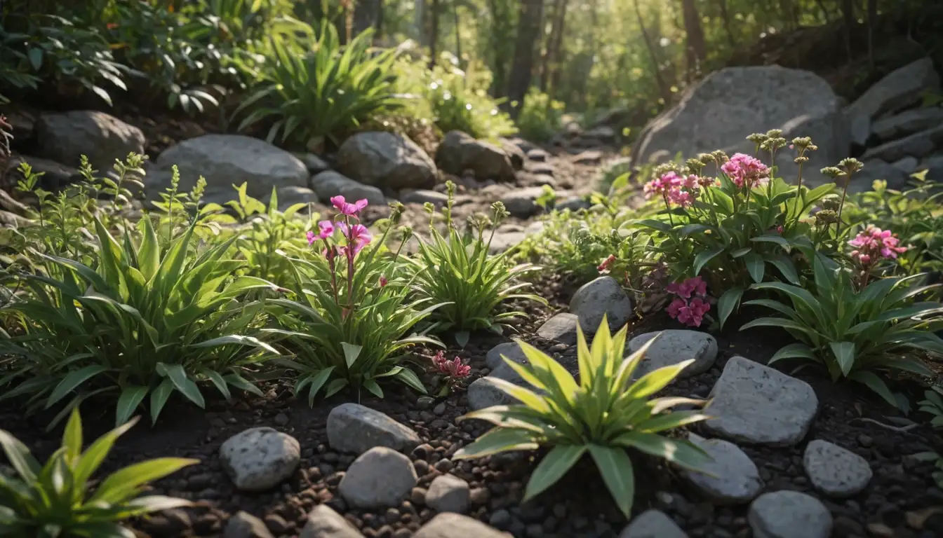 3-5 plants in different stages of growth, surrounded by natural elements like soil, stones, and twigs, with a subtle background of sunlight or greenery, featuring a mix of colorful blooms and leafy foliage