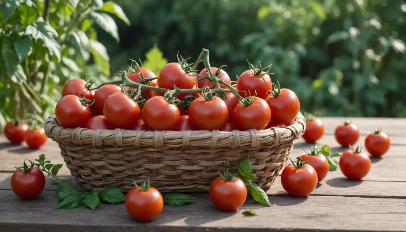 2-3 ripe tomatoes on a wooden table or basket, some leaves and stems, possibly with a few tomato seedlings or saplings in the background