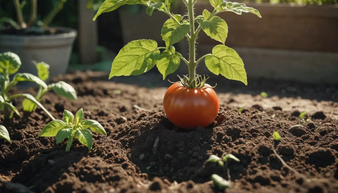 A garden soil scene, a tomato plant with leaves and stem, being gently placed into an existing hole, sunlight shining in the background, earthy tones dominant, subtle texture from the soil or plants, simplicity and focus on the transplanting process, no distractions, attention to detail, realistic illustration