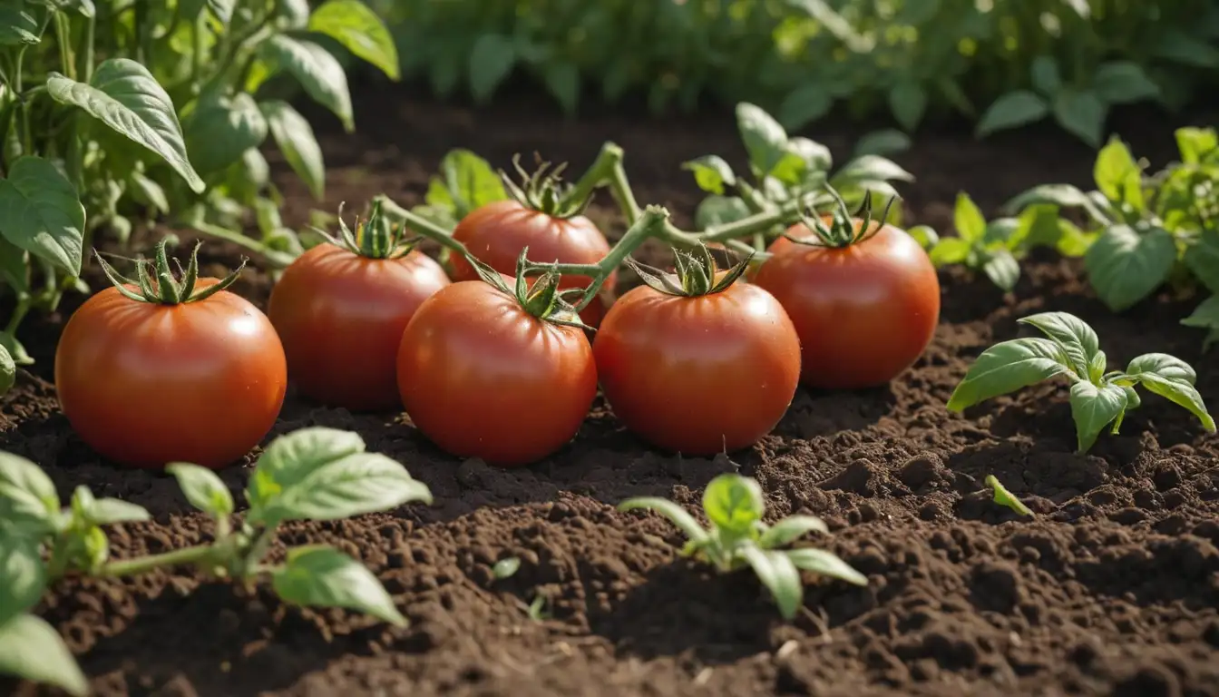 tomatoes on soil surface, with some stems visible, leafy green tops scattered around, a few fruiting tomato plants in the background, warm sunlight, earthy tones, no tools or equipment