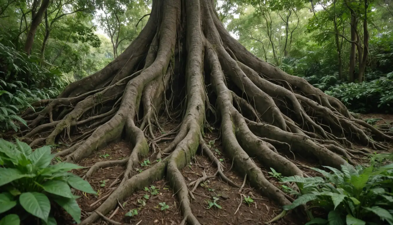 Roots with distinct necks, thick stems, green leaves, soil texture, plant growth stages, botanical details, foliage variations, root structure, leaf arrangements, natural settings, garden or forest environments, diverse species, flora diversity, ecosystem components