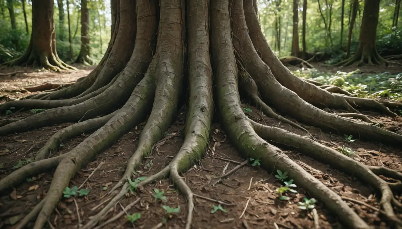 Roots wrapped around a tree trunk, soil texture visible, green plants nearby, sunlight filtering through leaves, subtle earthy tones dominant