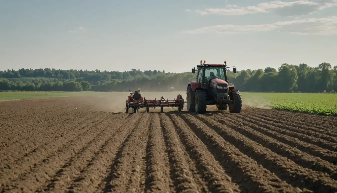 Farmers, plowing field, soil, crops, tractor, sun, greenery, fertile land, growth, abundance