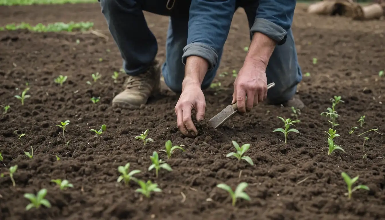 A fieldworker, a farmer, tilling soil, seeds being scattered, green shoots growing, farm tools lying around, rustic background, earthy colors, natural setting