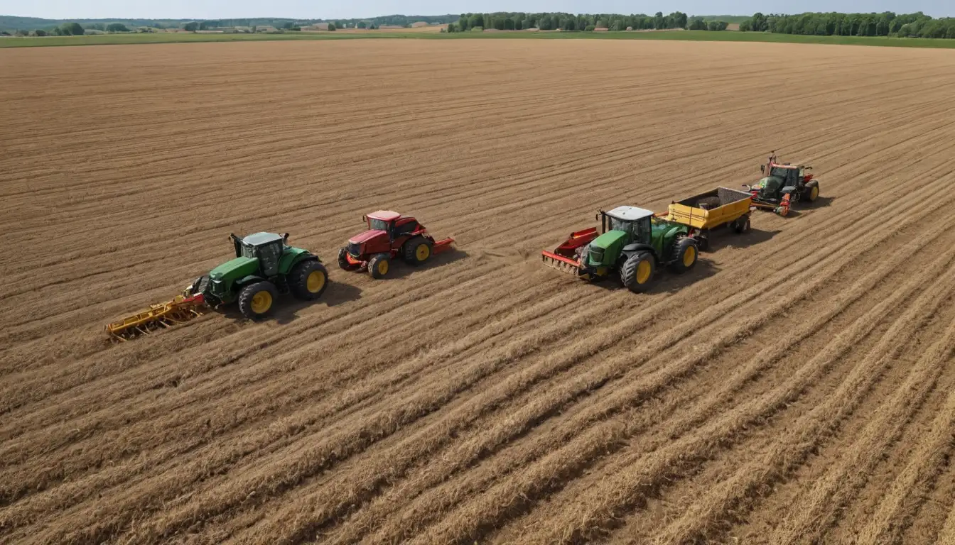 3D illustration of agricultural land, farm tractors, excavators, and plows, with fields of wheat or corn in the background, showcasing different types of farming methods like excavation, renting, and tractor plowing, with natural colors and textures to highlight the earthy tones