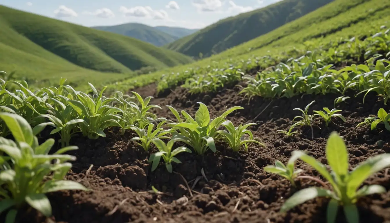 a sunny day, rolling hills, lush green plants, soil with worms, tiny insects, seeds sprouting, roots growing, microorganisms thriving, fertile earth, harmonious ecosystem, interconnectedness, cycles of life
