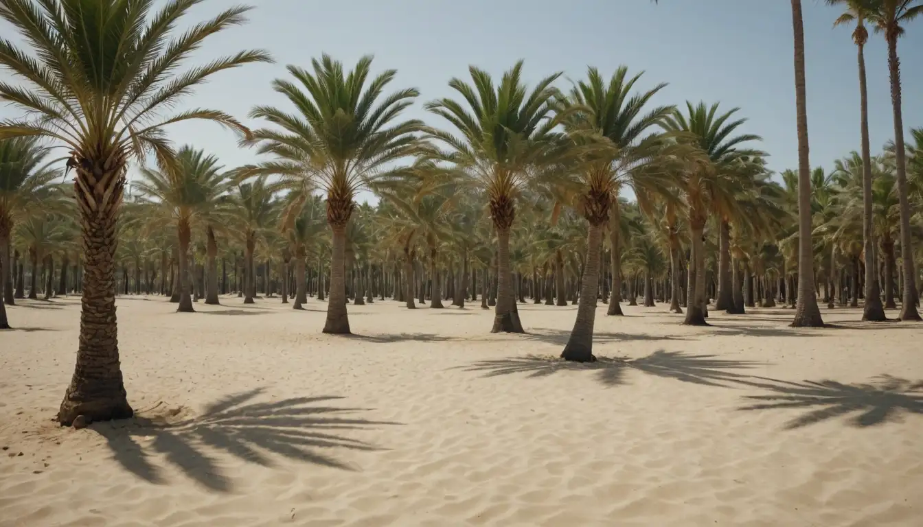 3-4 palm trees with varying heights and leaf shapes, spaced evenly apart, in a warm sandy environment, with a few subtle shadows and highlights, perhaps some natural elements like rocks or shells surrounding them