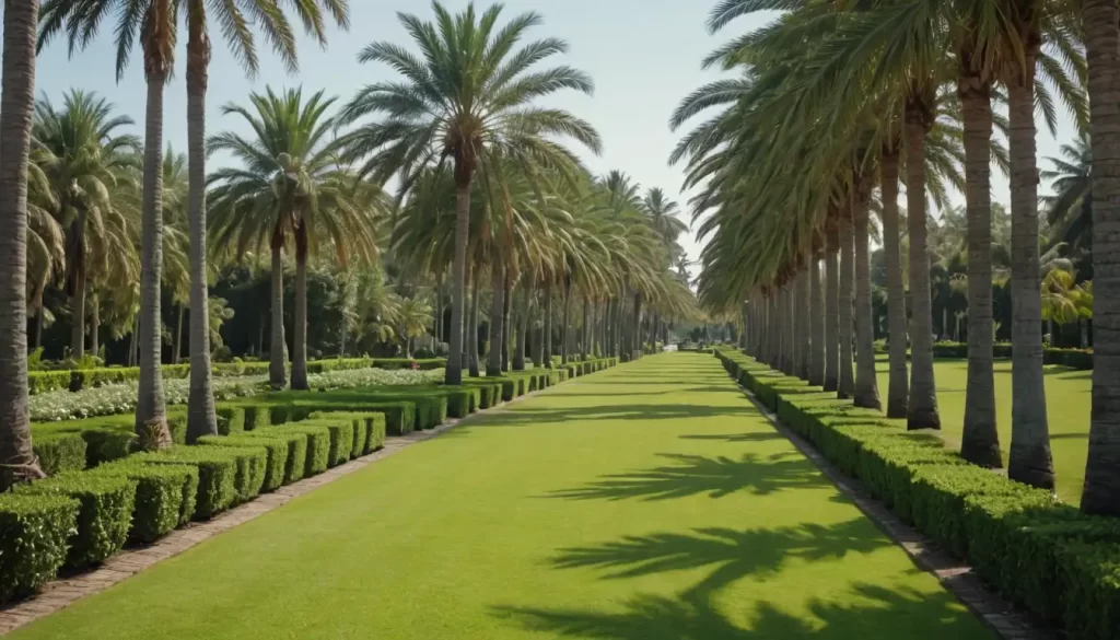 A sunny landscape with rows of palm trees