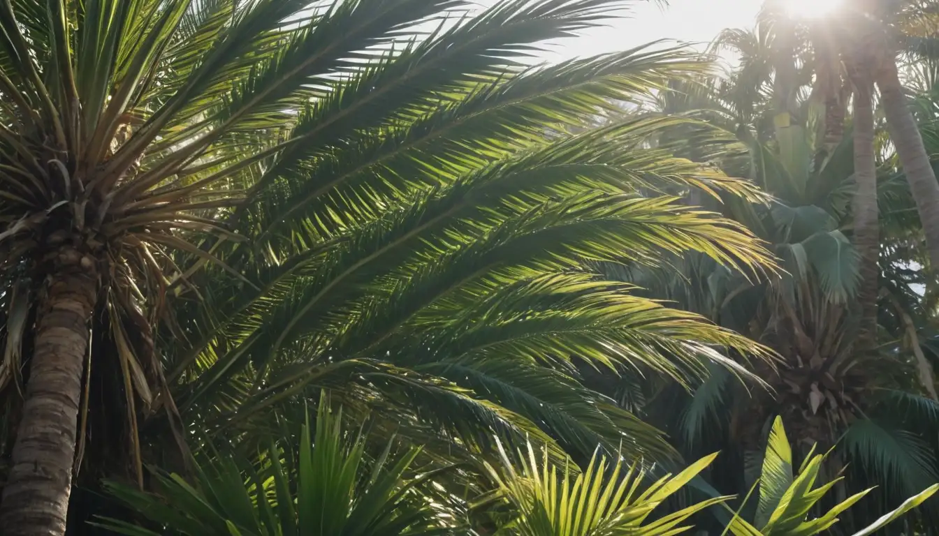 Palm trees with different species and heights standing together, various distances between them, a few palm fronds touching, others separated by a few inches or feet, background showing sunlight filtering through leaves