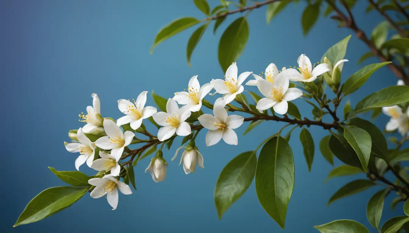 3-dimensional jasmine flowers with white petals and yellow centers surrounded by lush green leaves, possibly a small branch of fragrant stems with tiny white blooms, set against a soft focus blue or purple background representing the Malagasy landscape, possibly including some subtle texture details to evoke a sense of traditional medicine