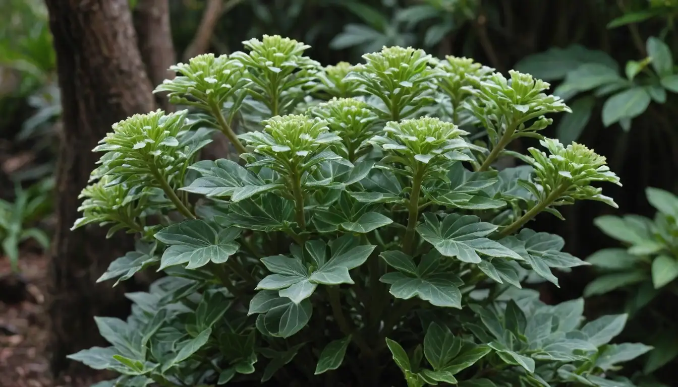 A mature, upright Euphorbia Coerulescens with bluish-gray stems and white sap surrounded by lush green foliage, partially shaded background, soil texture visible at base, subtle lighting and shadows to showcase plants unique features