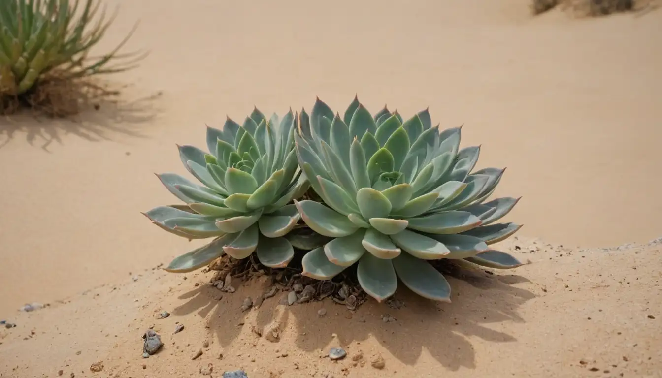 small succulent plants with bluish-green stems and leaves, growing on rocky outcroppings, amidst sandy dunes, and dry scrubland, set against a warm beige or terracotta-colored background, with subtle texture and shading to suggest the natural habitat