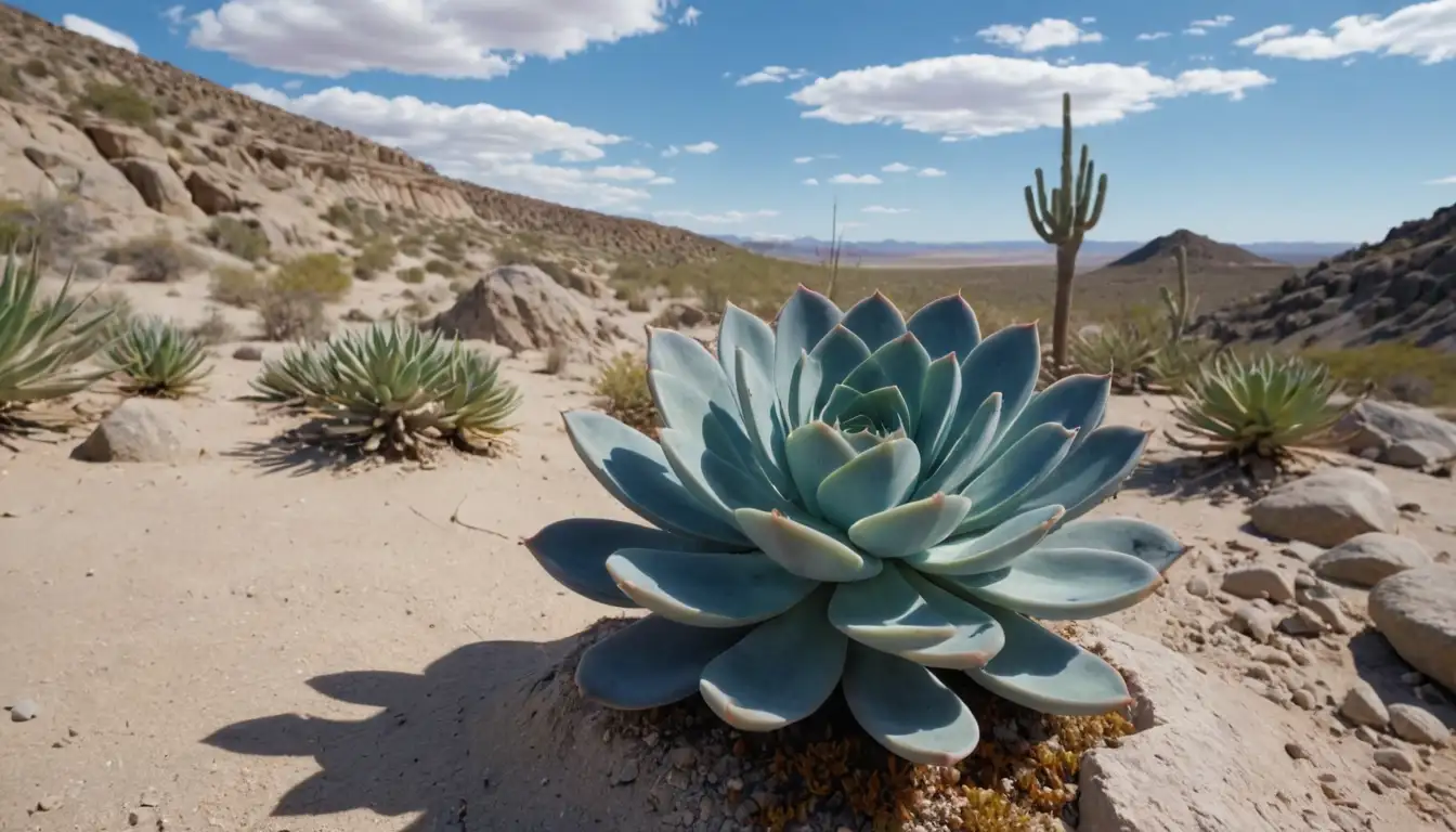 A photo of a solitary blue succulent with thick stems and leaves, surrounded by dry earth, rocks, and sparse desert plants, under a bright blue sky with white clouds, in a natural environment like a rocky outcropping or sandy dune