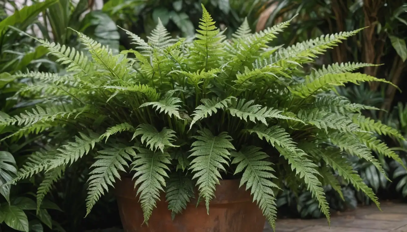 Fern-like leaves, curly stems, green and brown hues, tropical setting, plant pot, garden or indoor background, lush foliage, decorative element, naturalistic scene, artistic composition
