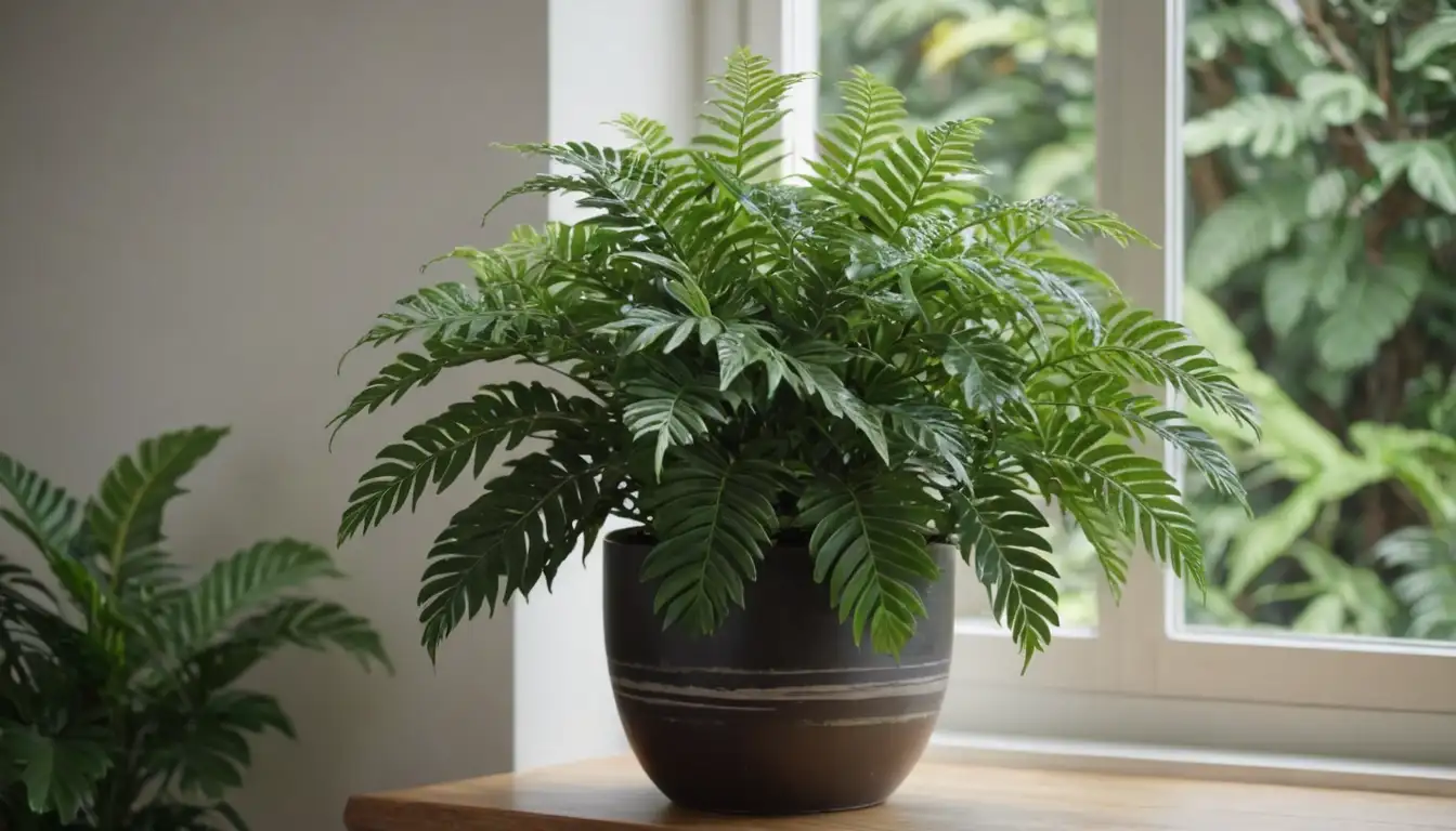 lush greenery, curved stems, rounded leaves with white stripes, tropical atmosphere, sunny windowsill, indoor plant pot, decorative vase, bright green foliage, delicate flowers, aralia branches, natural lighting, potted plant, rustic background