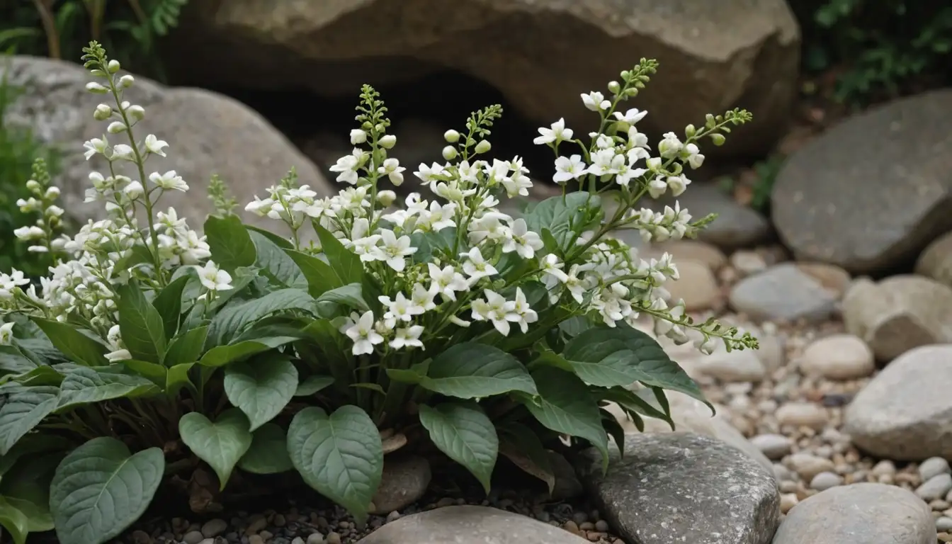 leafy green plant with ornate white flowers, curved stems, and glossy dark green leaves, possibly surrounded by natural elements like stones or driftwood, against a neutral or earth-toned background