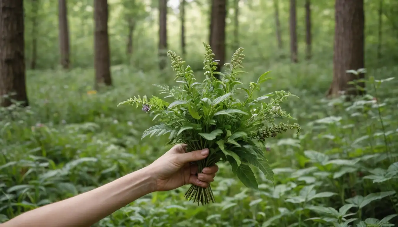 A lush green forest with medicinal plants growing wild, a person gently holding a bouquet of herbs, a botanical garden with various species on display, or a herbalist gathering leaves in a sunny meadow