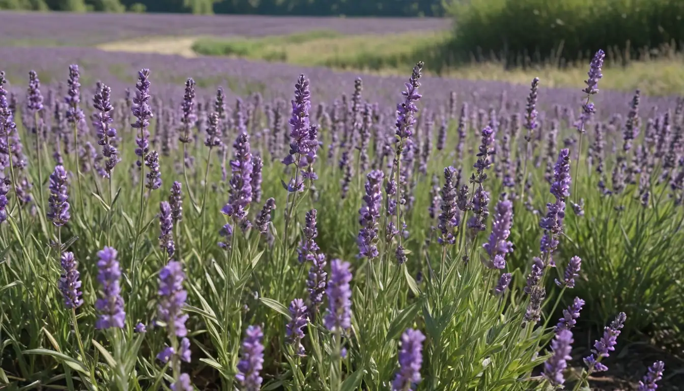 fields of purple flowers with a clear blue sky, delicate petals falling gently to the ground, a few sprigs of lavender remaining standing upright, soft green stems and leaves in the background, subtle shadows enhancing texture