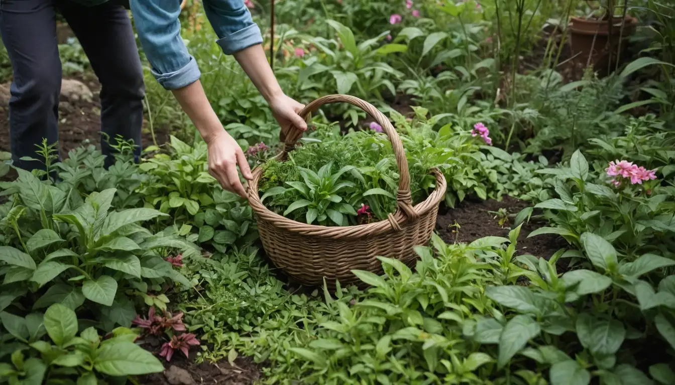 A lush forest with various plant species, a herbalists basket or bag filled with leaves and roots, a person tending to plants in a garden or greenhouse, colorful flowers blooming together, diverse foliage and textures, natural settings like hillsides, meadows, or forests, hands gathering herbs from the wild, botanical illustrations of medicinal plants