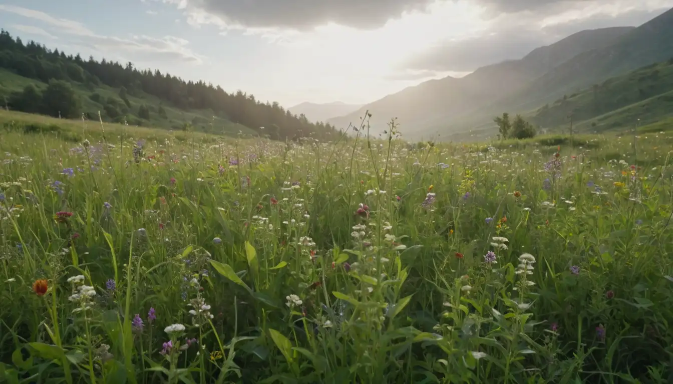 A lush green meadow with diverse medicinal plants growing in clusters, surrounded by blooming wildflowers, a sunny sky with fluffy white clouds, and a subtle hint of mist or morning dew, with gentle curves and natural shapes to convey the organic and harmonious theme of botanical medicine