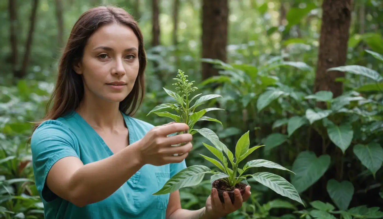 3-5 medicinal plants, vibrant colors, diverse shapes, natural surroundings, human figure in the background or nearby, relaxed pose, possibly holding a plant