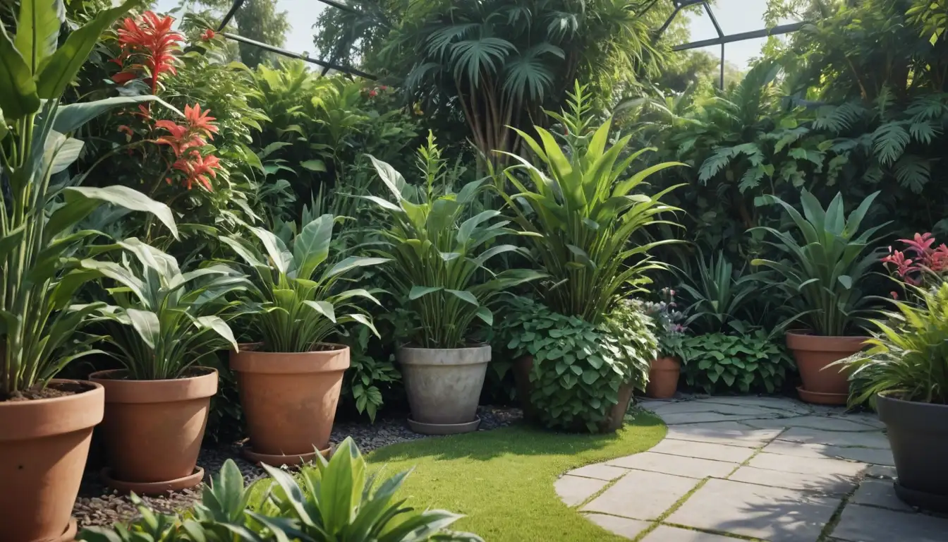 3D illustration, botanical garden setting, plants in pots, various shapes and sizes, diverse textures, foliage and flowers