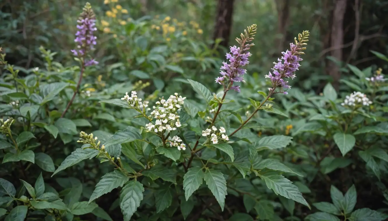 a large-leaved plant with purple stems, small white flowers, bright yellow berries, rough textured foliage, and a sprawling habit