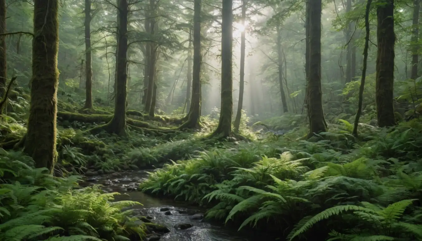 A dense, lush forest with towering trees, vibrant greenery, and a variety of plant species, including wildflowers, ferns, and mosses; a serene, misty atmosphere; sunlight filtering through the canopy above; a small clearing or stream running through the center