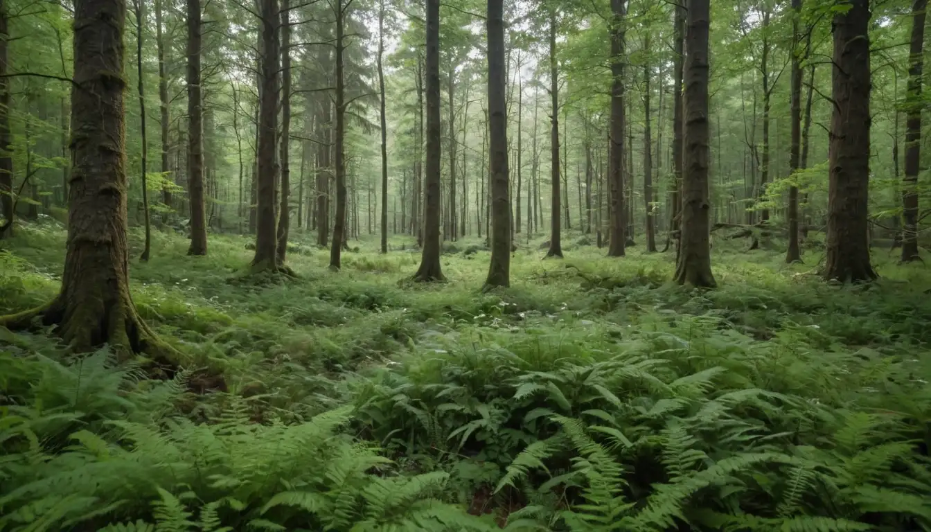 Forest landscape, diverse plant species, trees with leafy canopies, flowering shrubs, grasses, mosses, ferns, towering wildflowers, rustic scenery