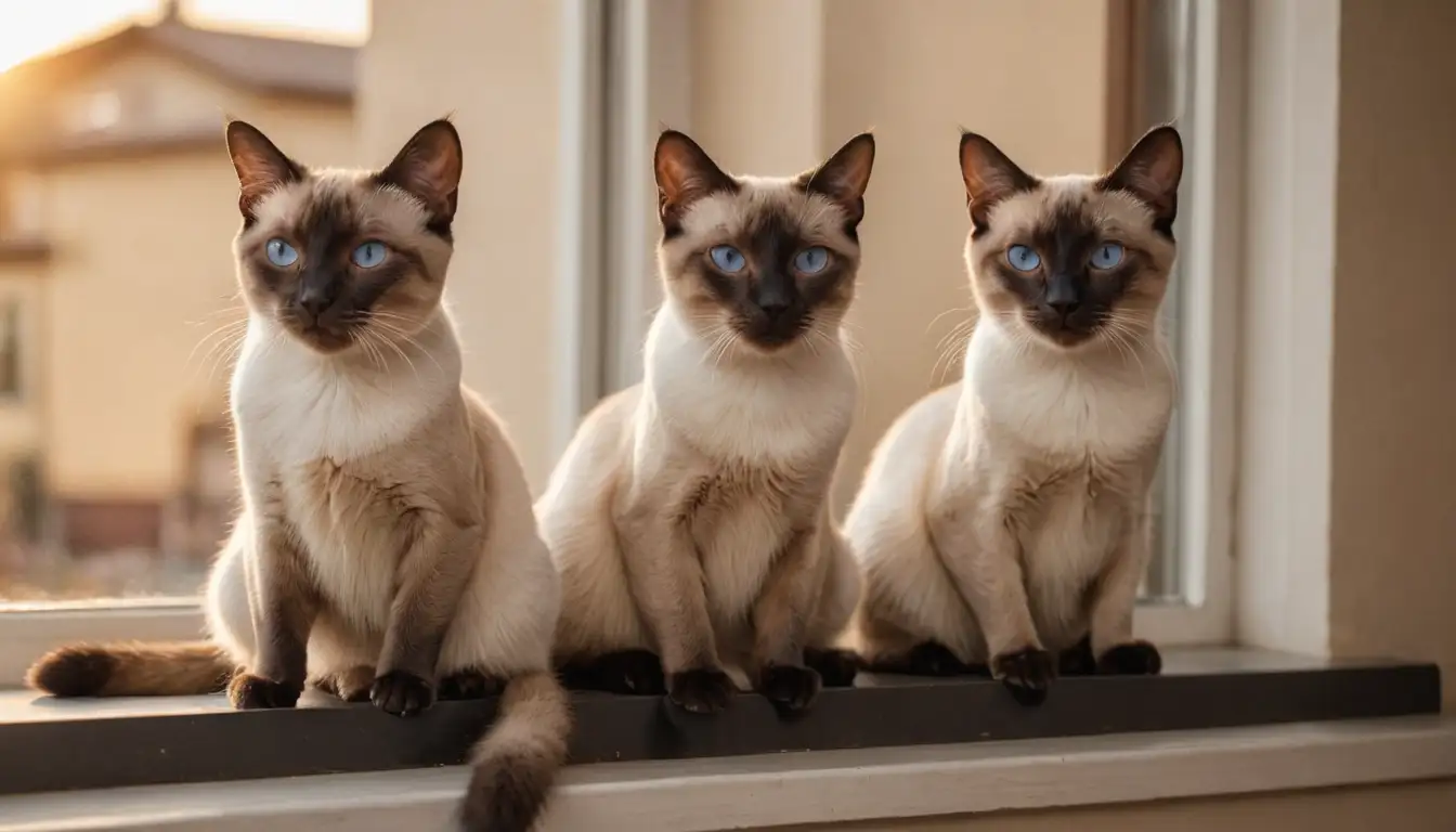 3-4 Siamese cats sitting on a windowsill, one grooming another, others looking out at the sunset, warm beige or cream-colored walls in the background