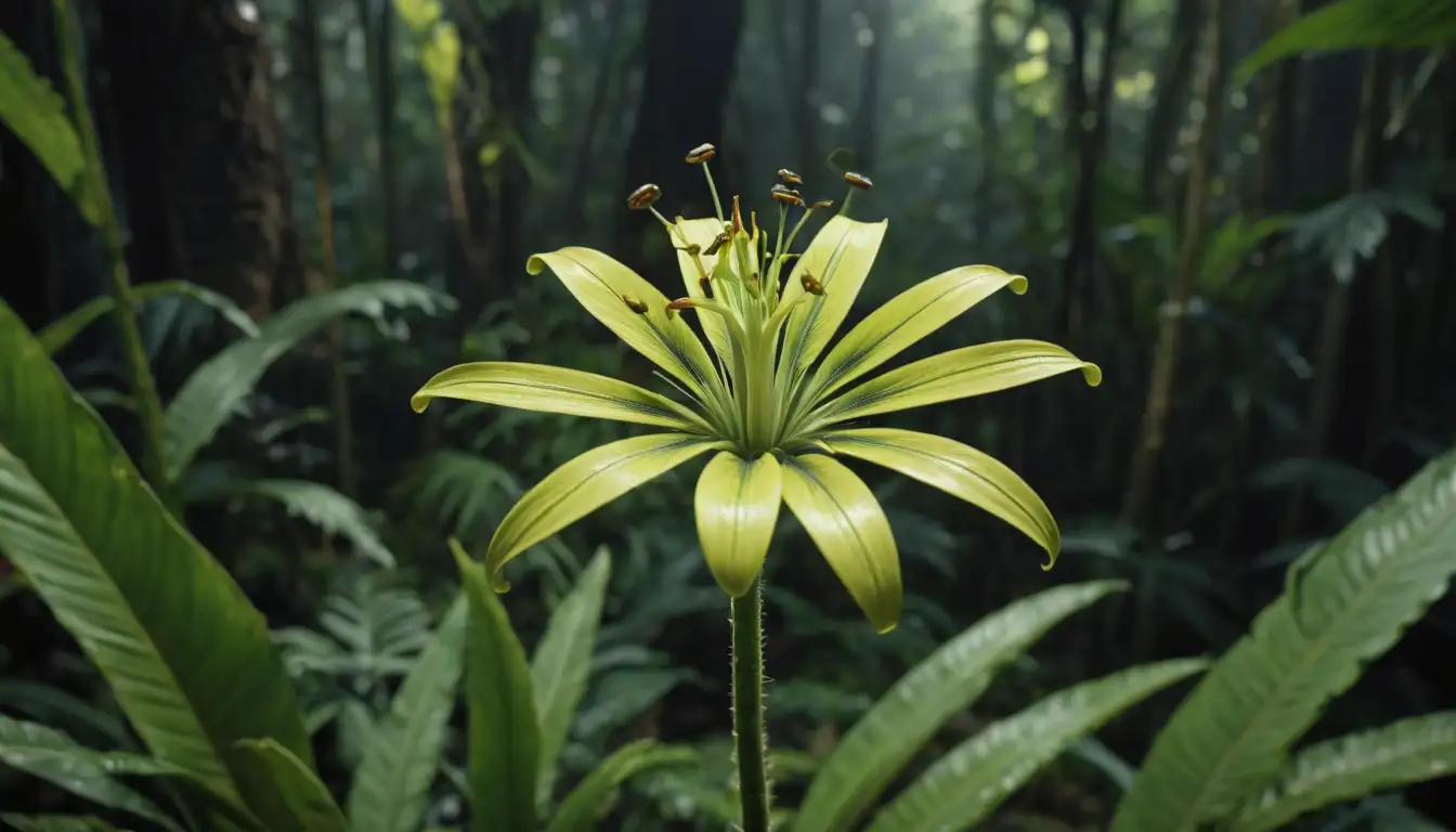 3D illustration, tropical forest setting, long-stemmed flower with tubular shape, yellow-green color with dark green stripes, small insects and larvae trapped inside sac-like structures, detailed illustration of Genliseas unique features