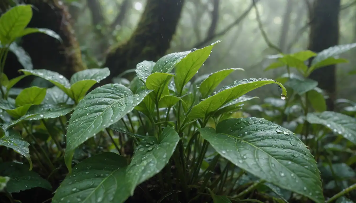 3D-leafed plant, Genlisea species, pitcher-shaped leaves, waxy surfaces, droplets, tiny insects, misty surroundings, lush green foliage, vibrant colors, curved stems, delicate tendrils, hidden corners, intricate details, and a sense of mystery