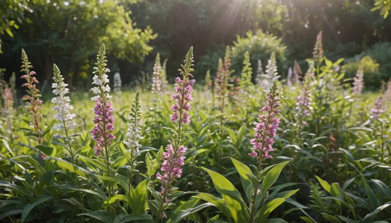 3-4 flowering plants with different colors, bright sunlight, soft focus, blurred background, greenery surrounding stems, subtle shadows, gentle curves