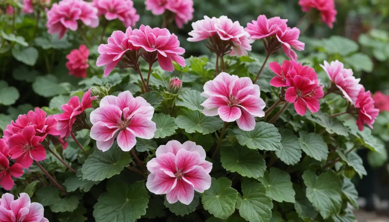 3 colorful geraniums with different foliage, vibrant flowers in shades of pink, red, and white, contrasting leaves, delicate stems, and a natural setting, such as a garden or greenhouse