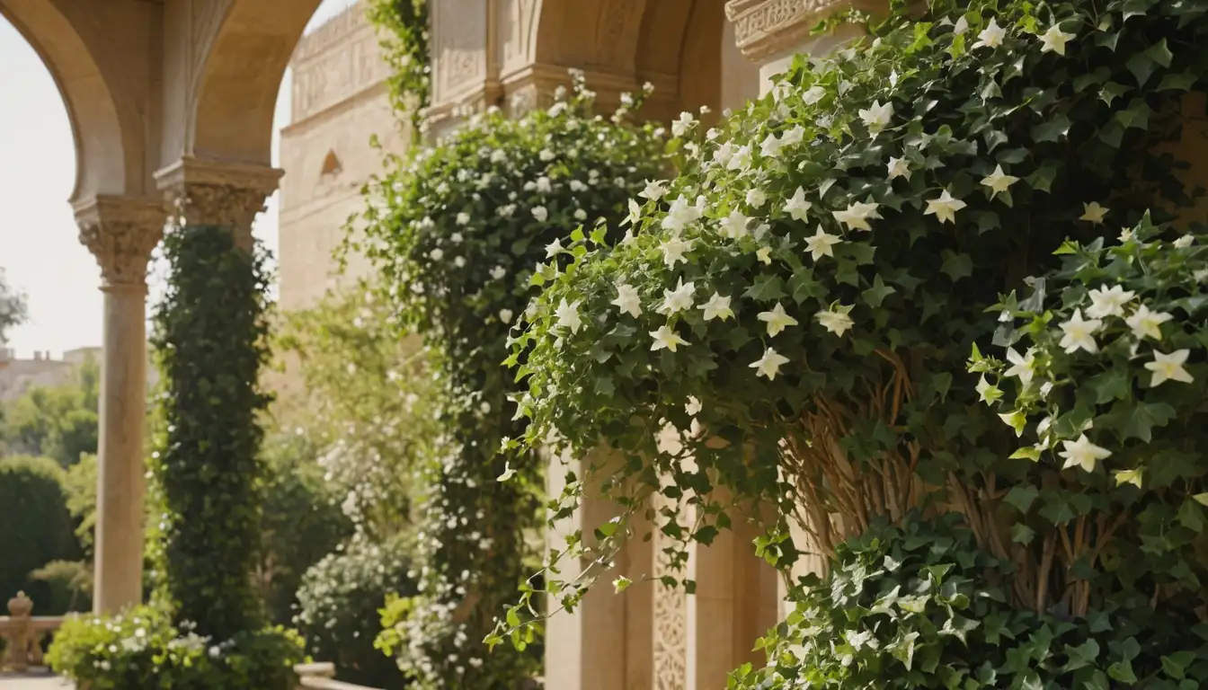 A majestic Persian ivy with curved tendrils, lush green leaves, and delicate white flowers, set against a warm, golden background, with intricate patterns or ornate architecture in the distance, evoking ancient Persian culture and mystique