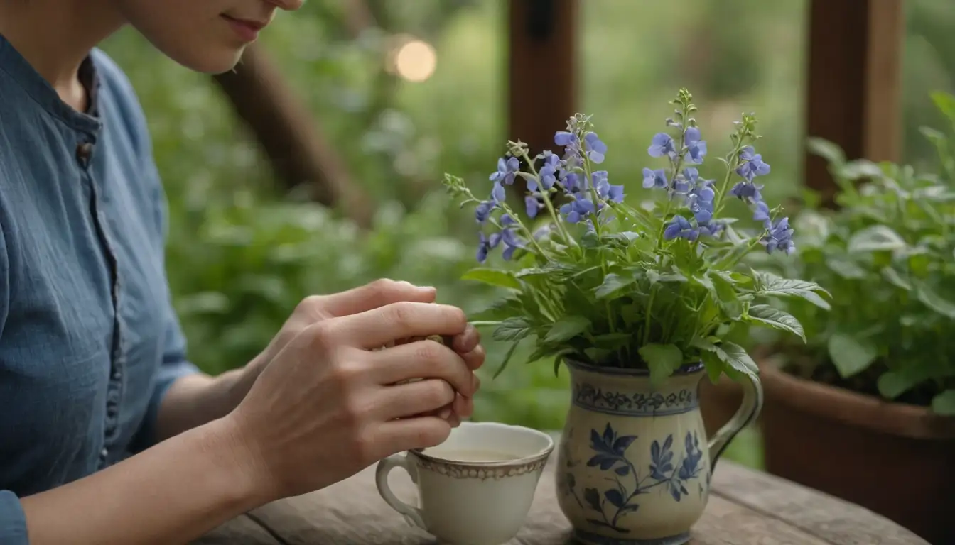 A person holding a stem with leaves, Persian speedwell flowers in a vase, herbs growing in a garden, a hand cradling a tea cup, greenery surrounding a warm light, soft focus on plants, herbal remedy concept, ancient medicine inspiration