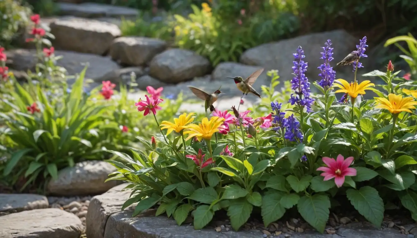Colorful, vibrant flowers with delicate petals, surrounded by lush green foliage, nestled among rocks or wooden planters, possibly featuring a few butterflies or hummingbirds flying nearby, against a bright blue or sunny yellow background, with soft focus to highlight the main subject