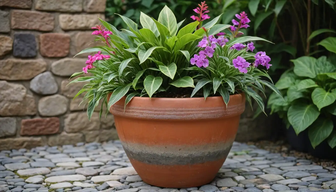 Vibrant, colorful flower pot with a variety of Hipocirta plants, including different shapes and sizes, surrounded by lush greenery, possibly with a natural stone or brick background, and some decorative elements like pebbles or shells