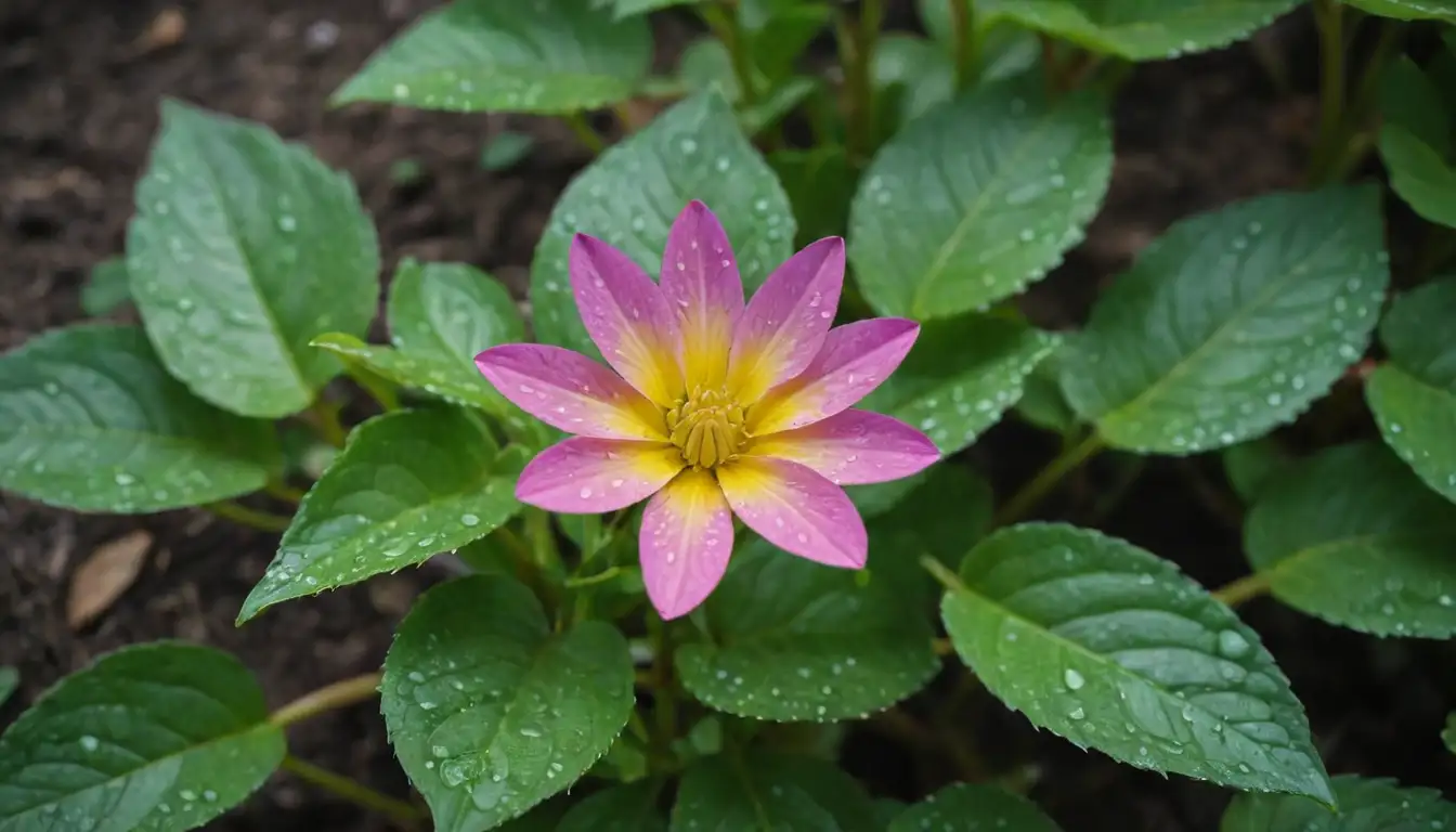 Close-up shot of colorful flower, green leaves with rounded tips, delicate stems, soil texture, and a hint of water droplets or moisture