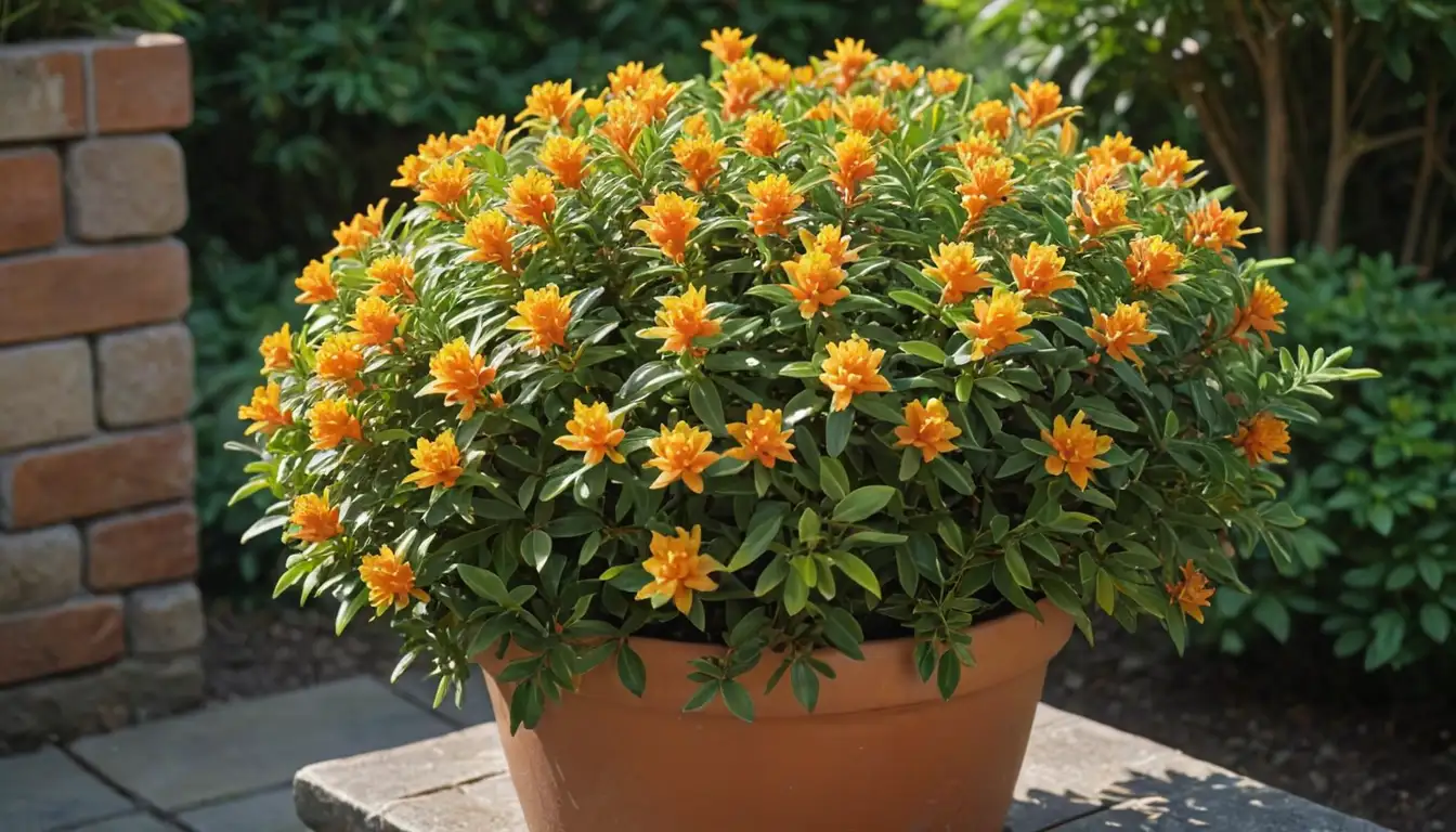 A colorful, blooming Nematanthus plant with bright yellow and orange flowers, growing in a pot surrounded by lush green leaves, warm sunlight, and possibly some garden accessories like a trellis or decorative rocks, all on a rustic or natural background
