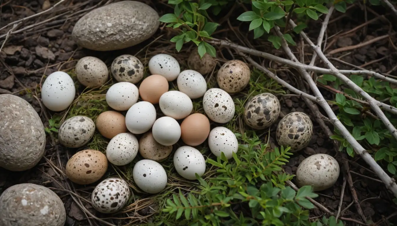 Bird eggs in various shapes and sizes, featuring different patterns and textures, surrounded by foliage, on a natural setting with rocks, twigs, and branches