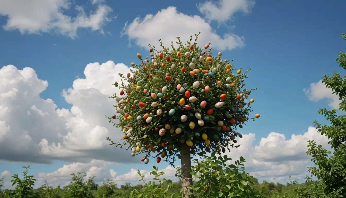3-5 colorful birds, eggs with different shapes and sizes, lush greenery, branch structure, open sky with clouds, warm light