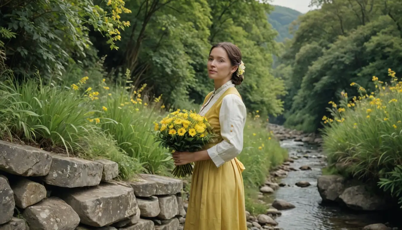 A scene with a woman in a traditional outfit surrounded by lush greenery, holding a bouquet of yellow flowers, on a rustic stone wall or beside a babbling brook, under a sunny sky with clouds, perhaps with some butterflies flying around her head