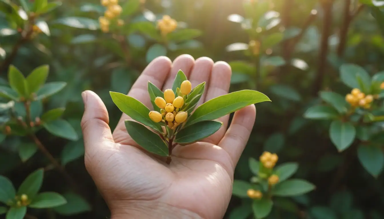 A close-up shot of a persons hand holding a handful of Hypericum rastrerum leaves, surrounded by natural elements like flowers or trees, warm golden light, and soft focus, with subtle color tones, a simple blurred background